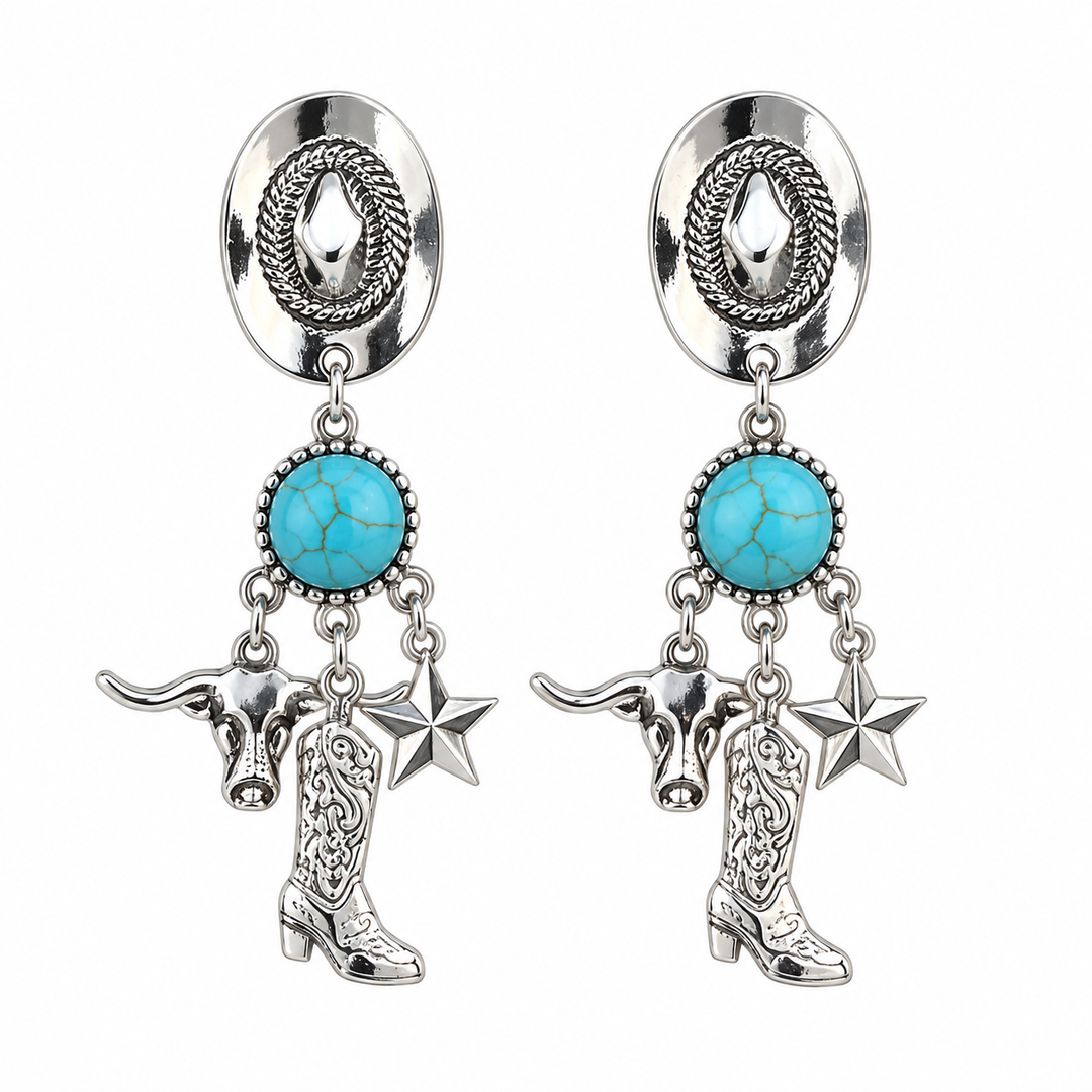 Turquoise cowboy hat Western dangle earrings flat product view