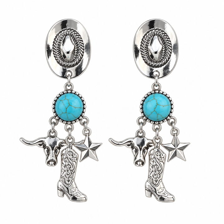 Turquoise cowboy hat Western dangle earrings flat product view
