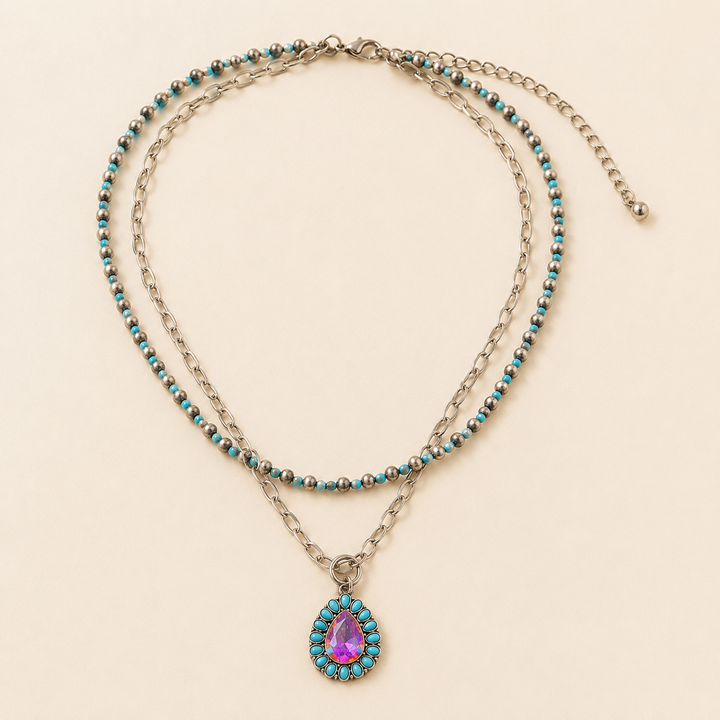 Turquoise double-chain necklace with silver beads and iridescent rhinestone teardrop pendant