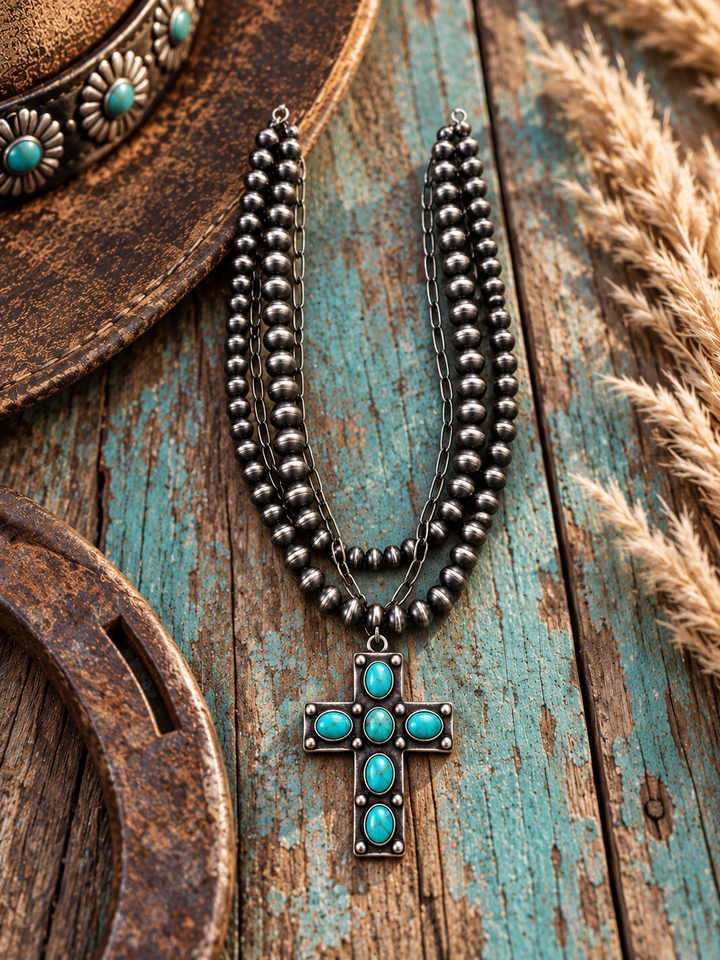 Turquoise Faith Cross Necklace styled on weathered turquoise ranch wood with Western leather