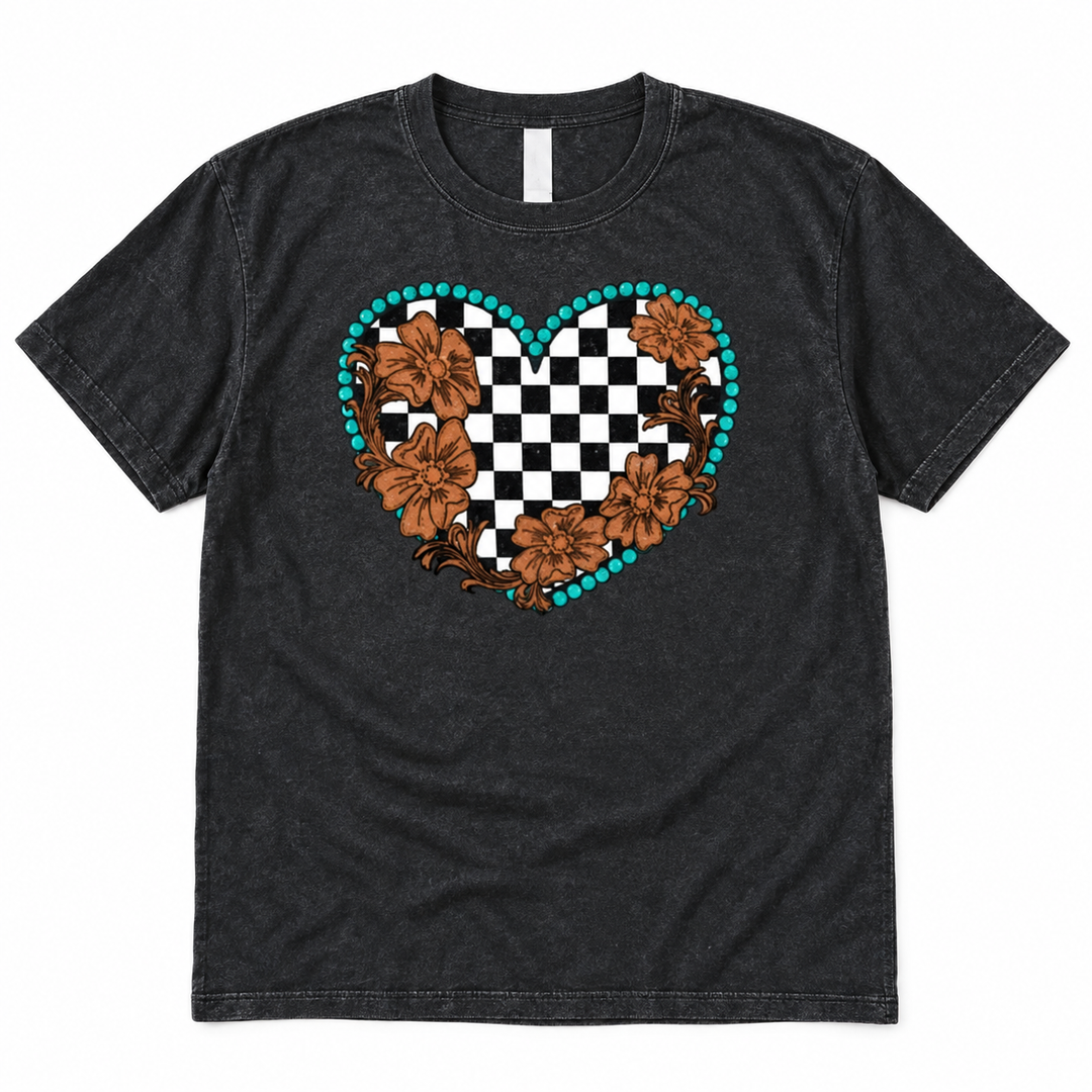 Turquoise Checkered Heart Floral Western Graphic Tee lay-flat on white background