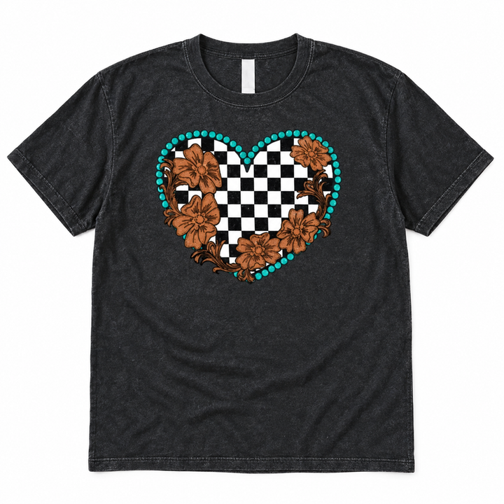 Turquoise Checkered Heart Floral Western Graphic Tee lay-flat on white background