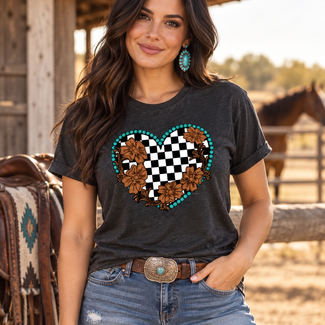 Woman wearing Turquoise Checkered Heart Floral Western Graphic Tee at a ranch
