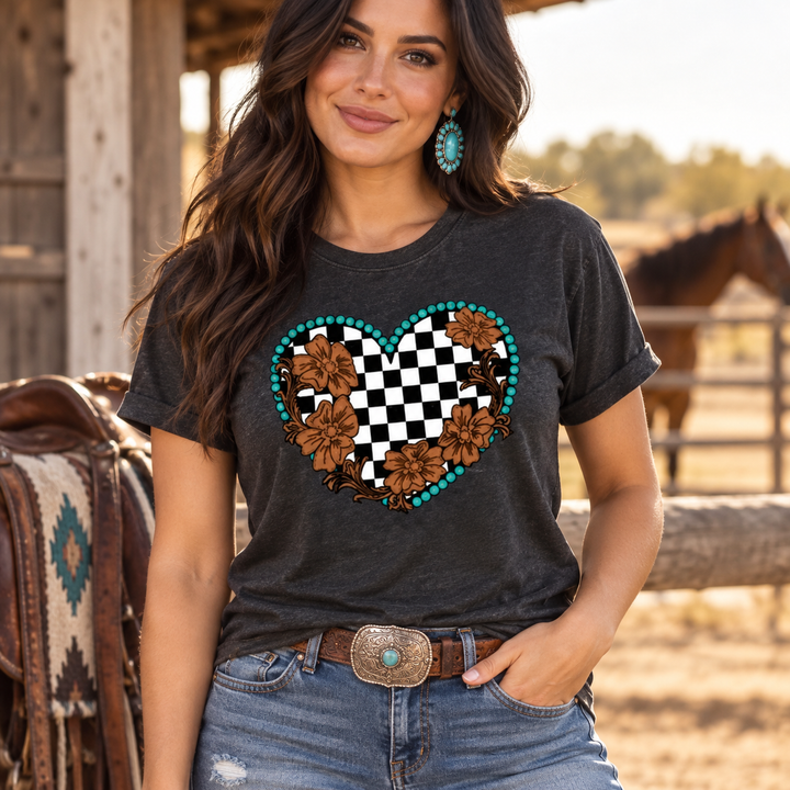 Woman wearing Turquoise Checkered Heart Floral Western Graphic Tee at a ranch