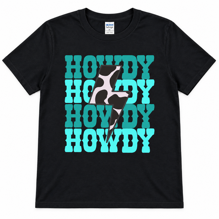 Turquoise Howdy Bolt Black Western graphic T-shirt flat product view