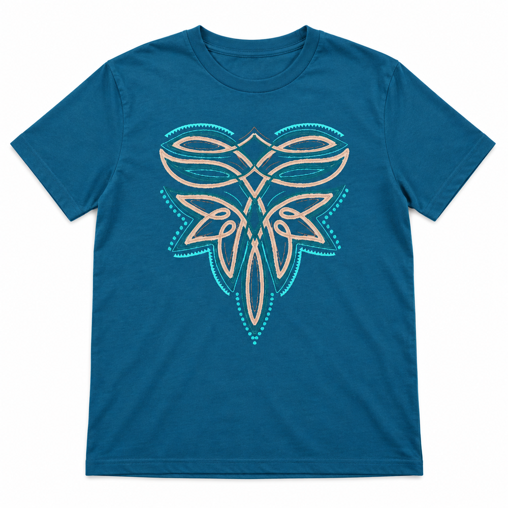 Turquoise Leather Boot Stitch deep teal graphic tee lay-flat on white