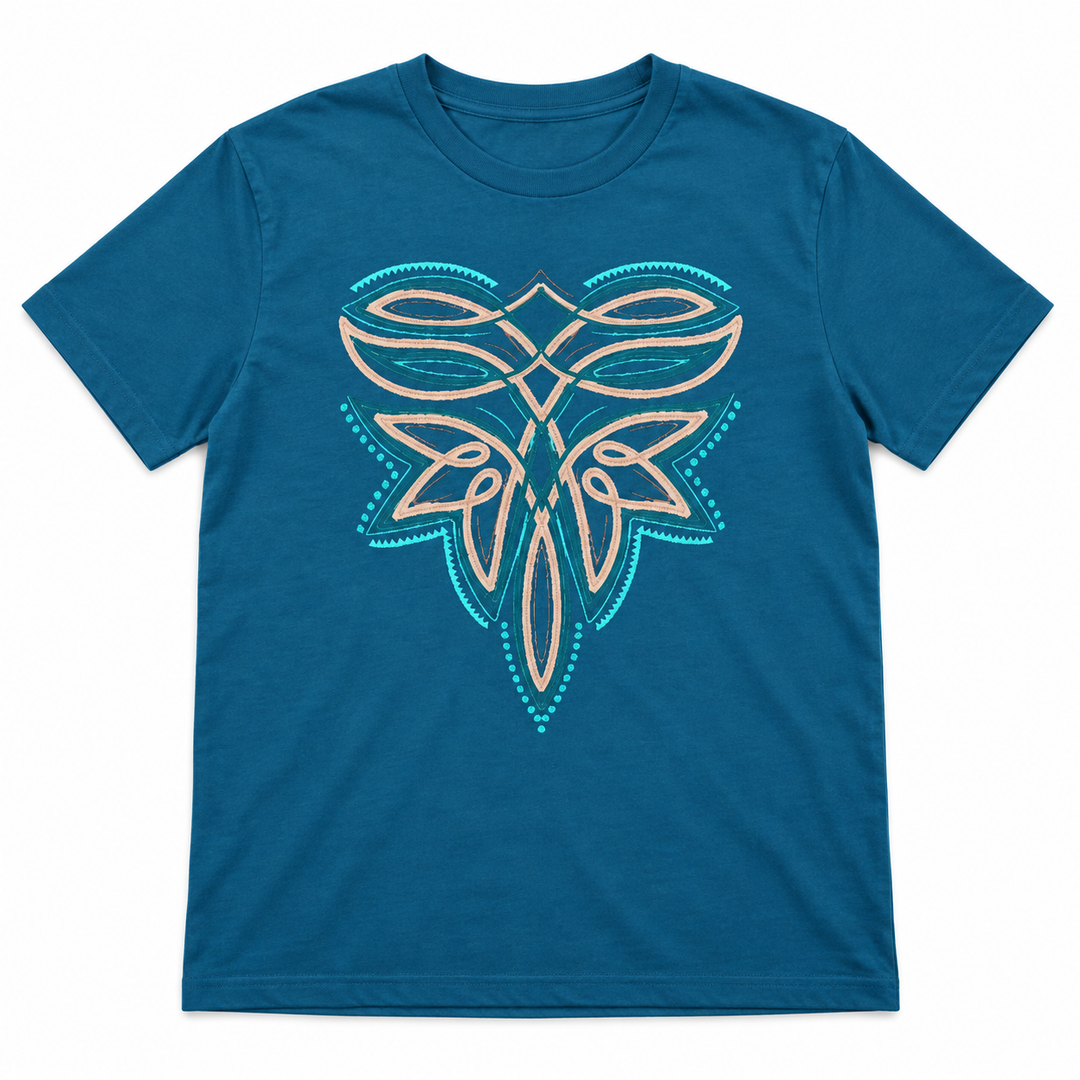 Turquoise Leather Boot Stitch deep teal graphic tee lay-flat on white