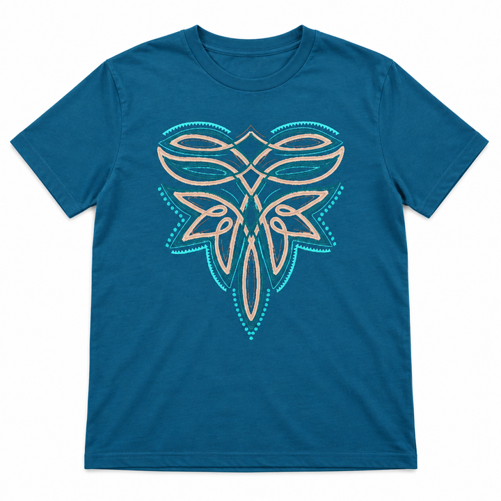Turquoise Leather Boot Stitch deep teal graphic tee lay-flat on white