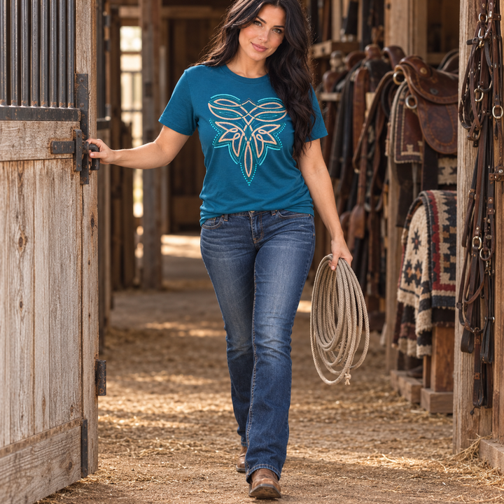Turquoise Leather Boot Stitch deep teal tee full-body tack-room lifestyle