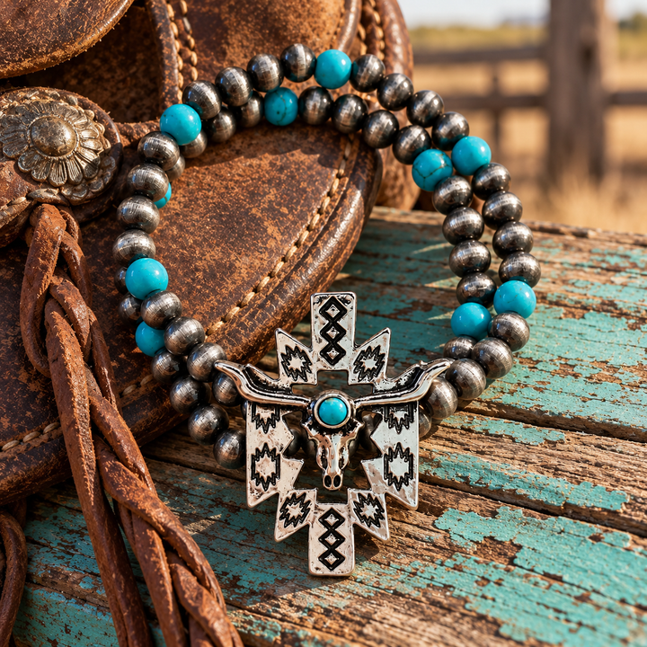 Turquoise Longhorn Aztec Bracelet styled beside leather tack and weathered turquoise ranch wood