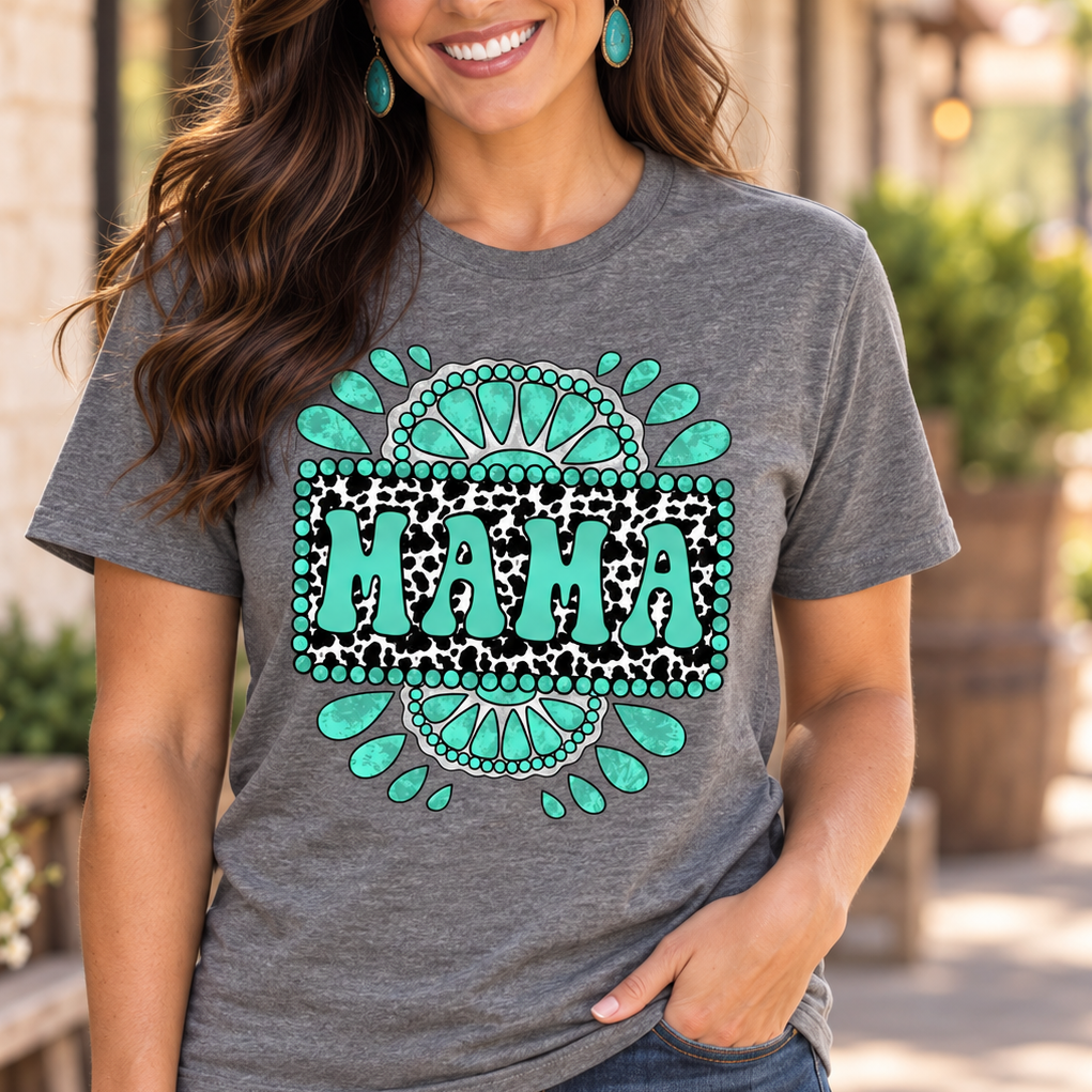Turquoise Mama charcoal tee close model view on a small-town Western porch