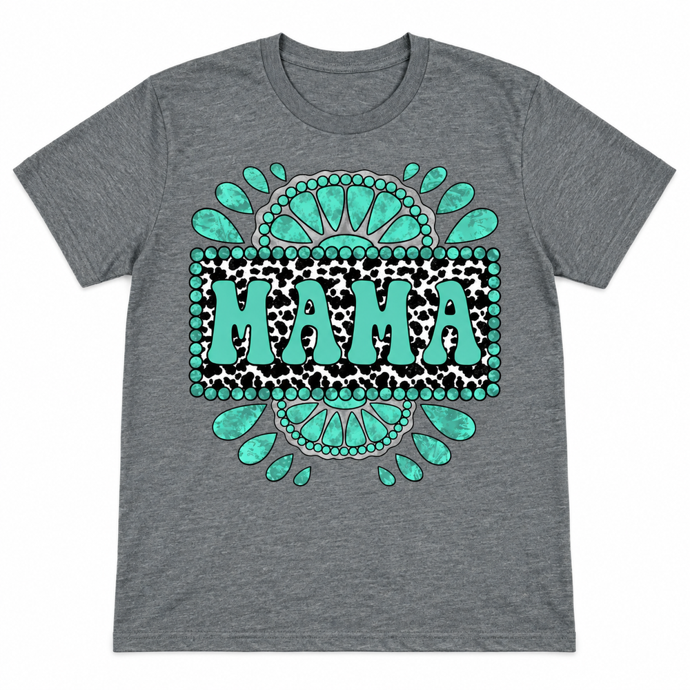 Turquoise Mama heather charcoal graphic tee laid flat on white