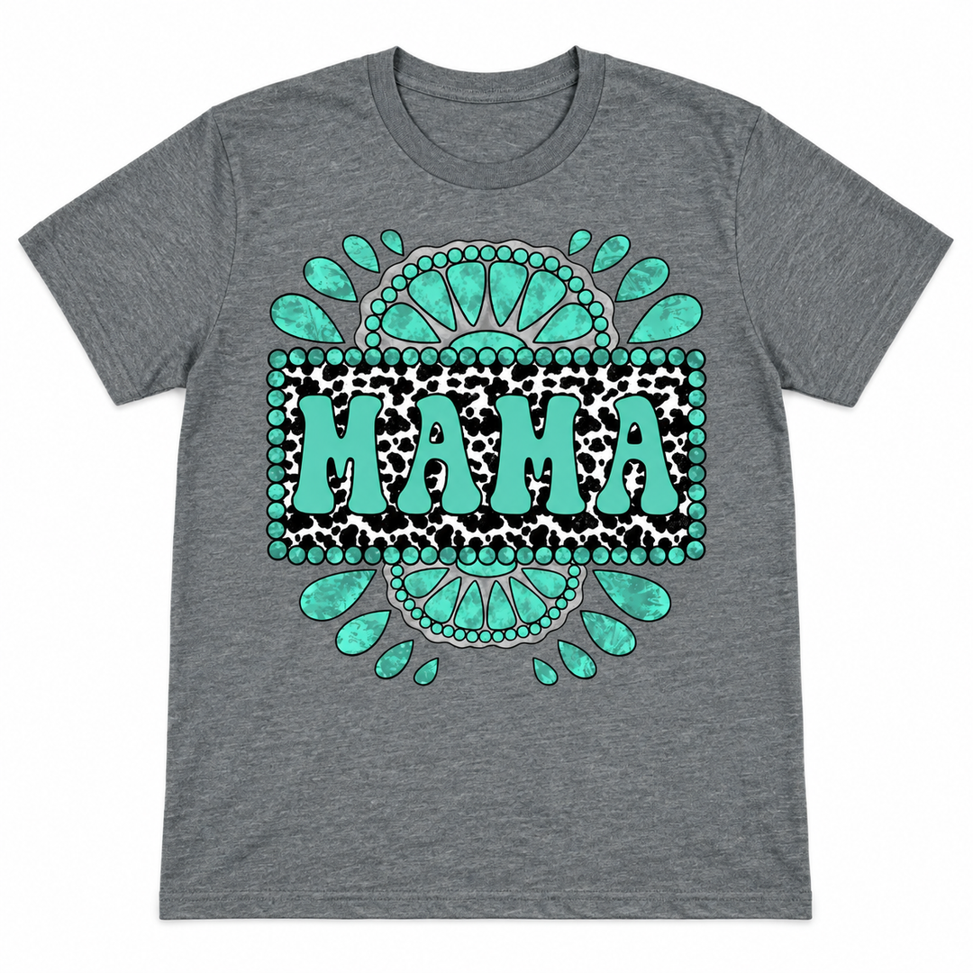 Turquoise Mama heather charcoal graphic tee laid flat on white