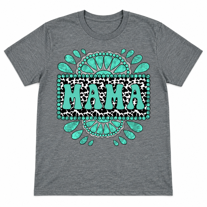 Turquoise Mama heather charcoal graphic tee laid flat on white