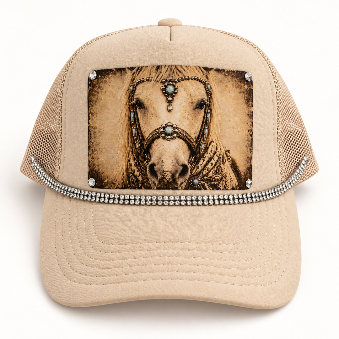 Lay-flat view of Turquoise Spirit Horse Trucker Hat with beige crown, vintage horse patch, turquoise accents, and rhinestone trim