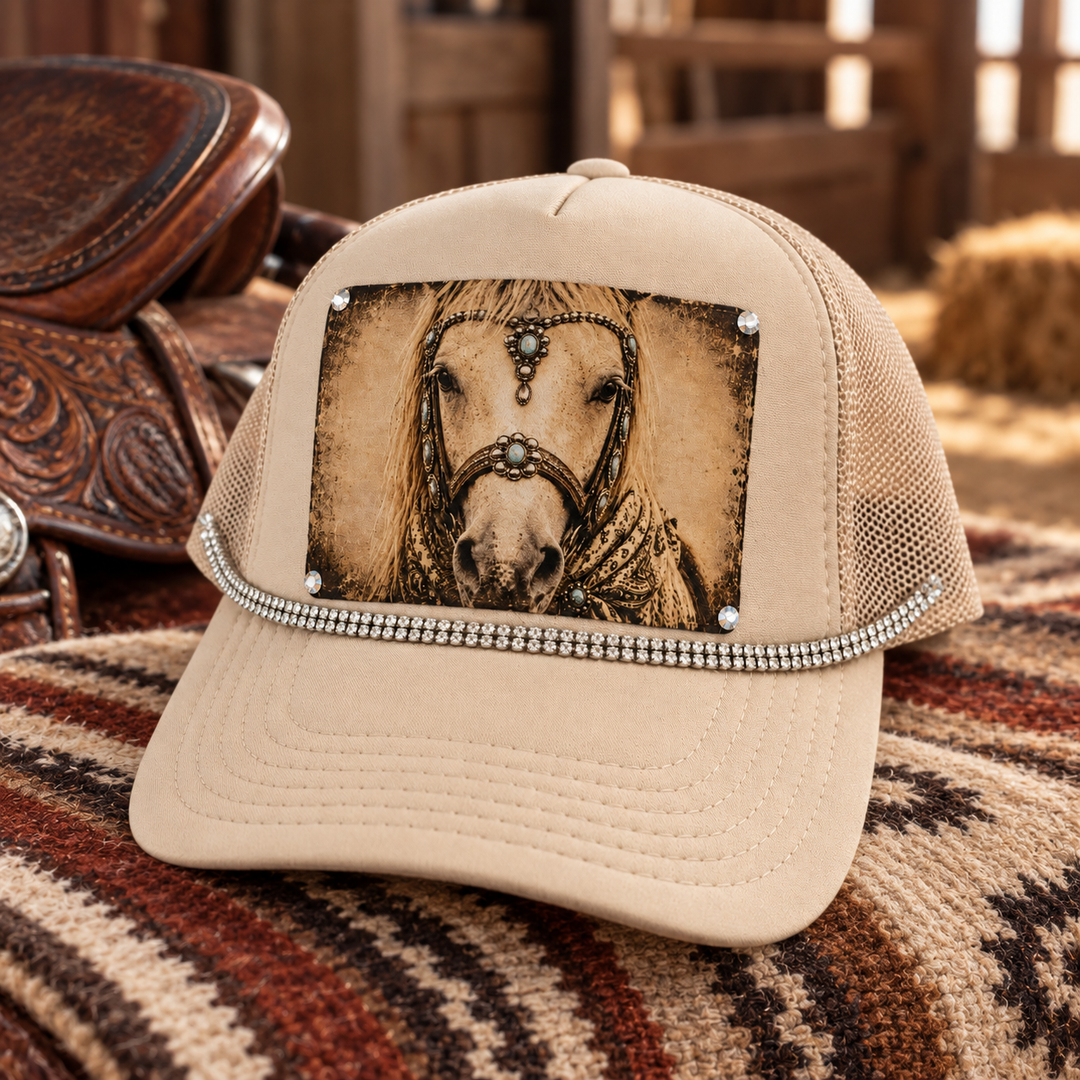 Turquoise Spirit Horse Trucker Hat styled beside weathered saddle leather in a rustic Western setting