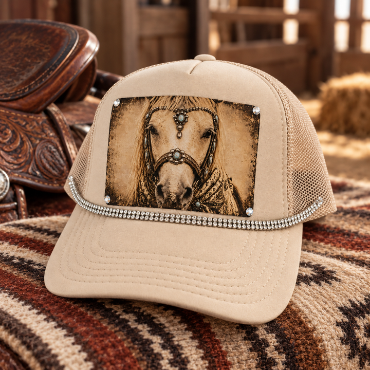 Turquoise Spirit Horse Trucker Hat styled beside weathered saddle leather in a rustic Western setting