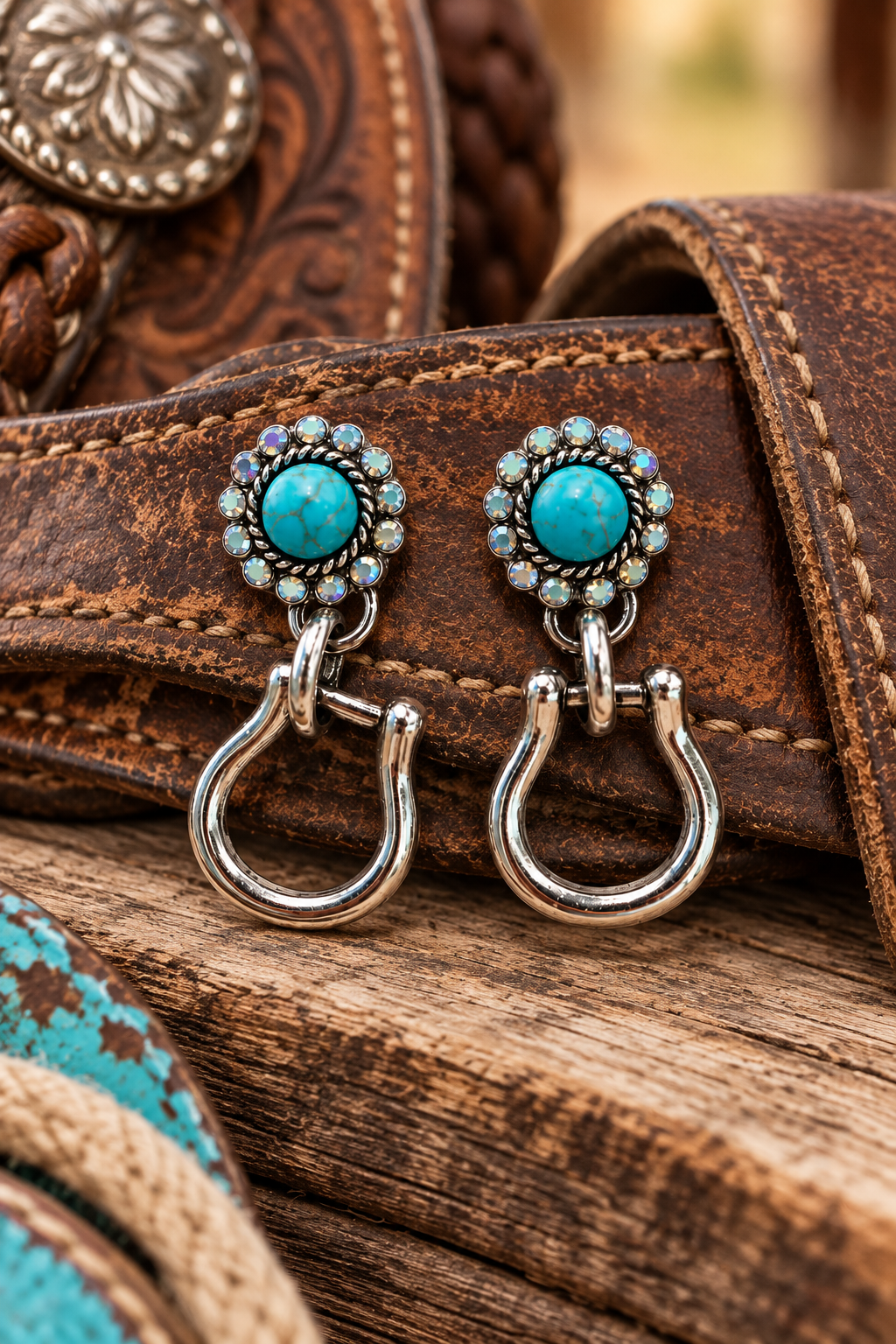 Turquoise Stirrup Earrings styled against weathered Western leather