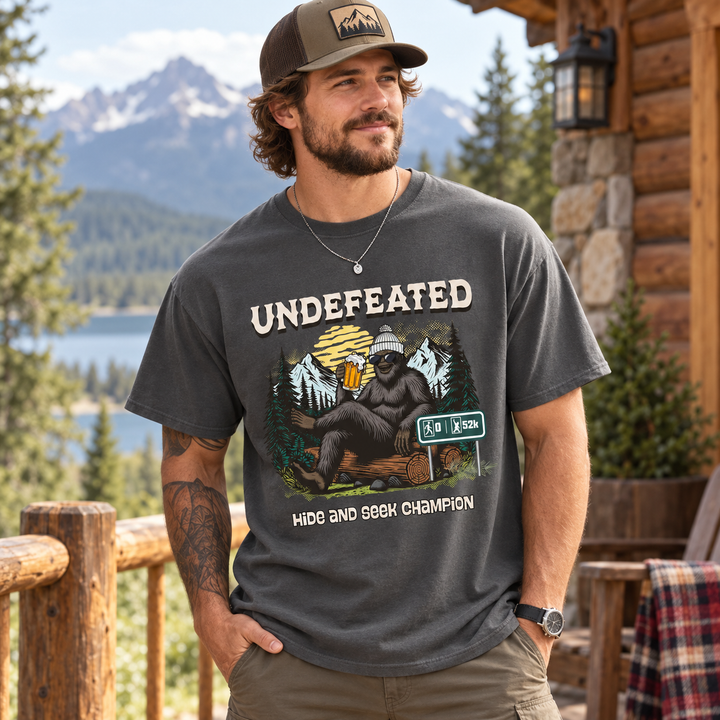 Man wearing Undefeated Champ Bigfoot Charcoal graphic T-shirt