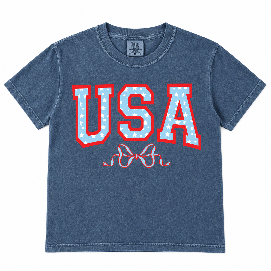 USA with Bow Patriotic Tee lay-flat on white background