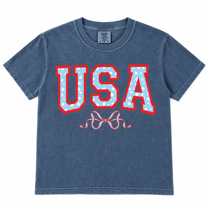 USA with Bow Patriotic Tee lay-flat on white background
