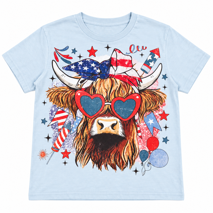 USA Highland Cow Graphic Tee lay-flat on white background