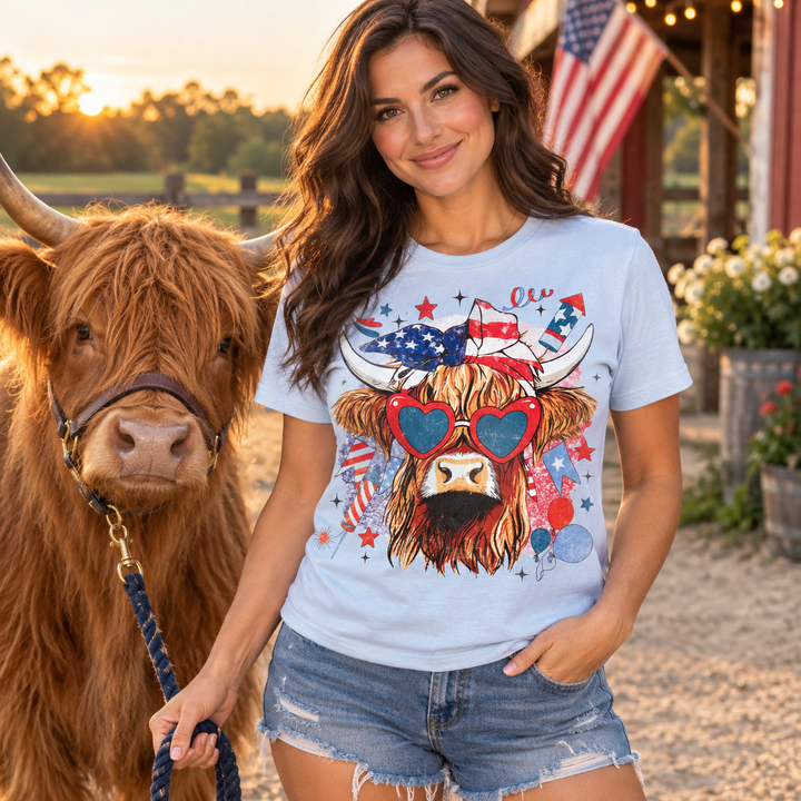 Woman wearing USA Highland Cow Graphic Tee beside a Highland cow
