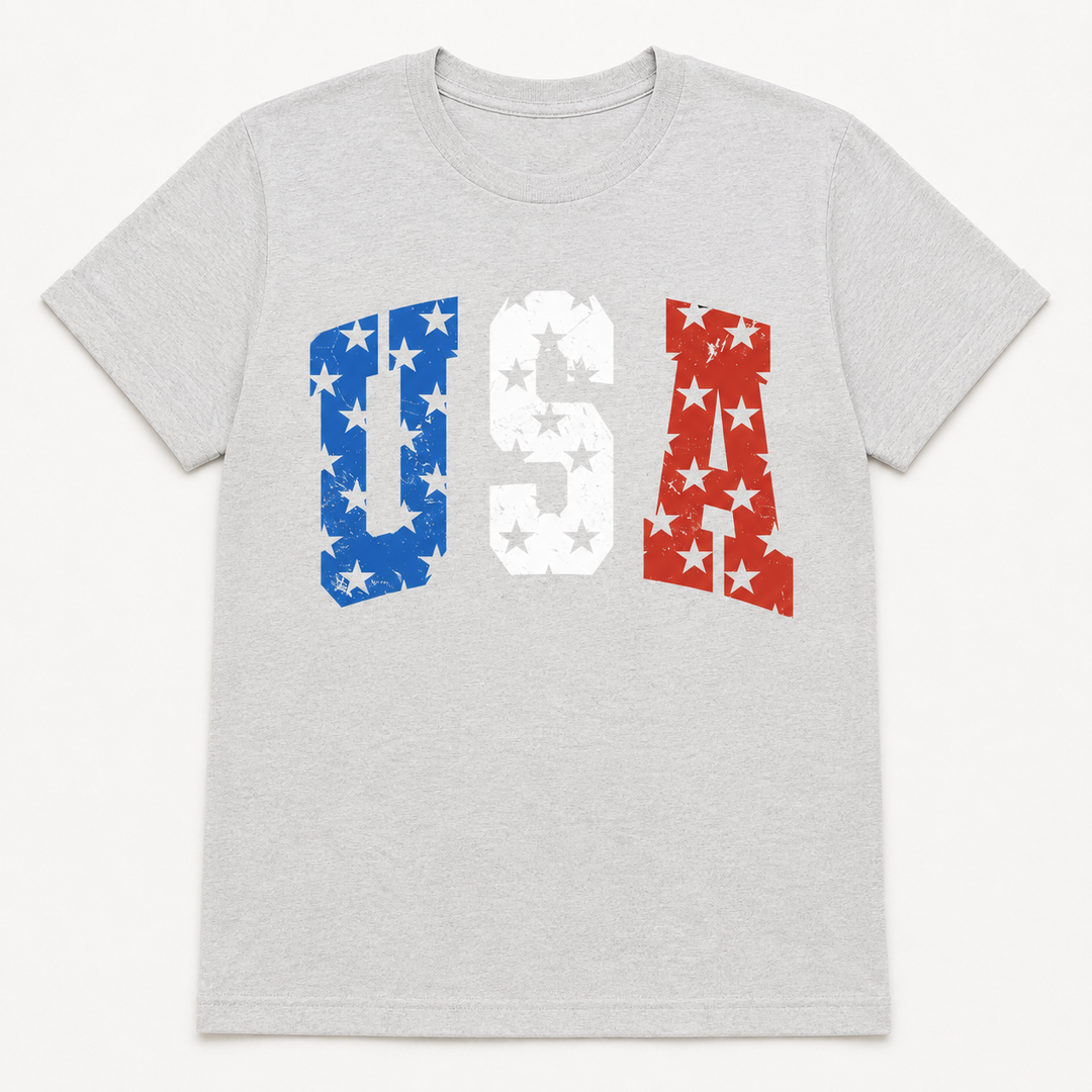 USA Stars patriotic ash-gray graphic tee with blue white and red lettering, front product view