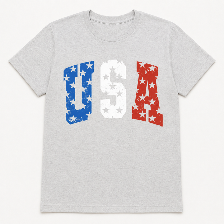 USA Stars patriotic ash-gray graphic tee with blue white and red lettering, front product view