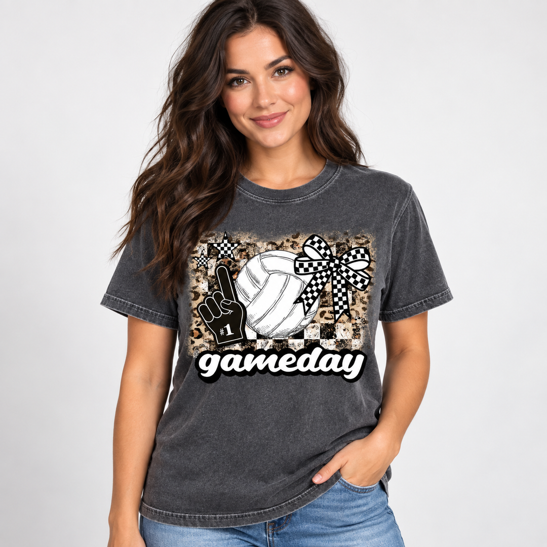 Game Day Volleyball pepper graphic tee on model, front view