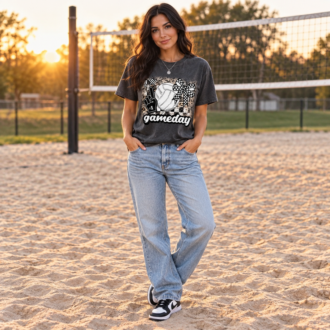 Game Day Volleyball pepper graphic tee styled at sand volleyball court