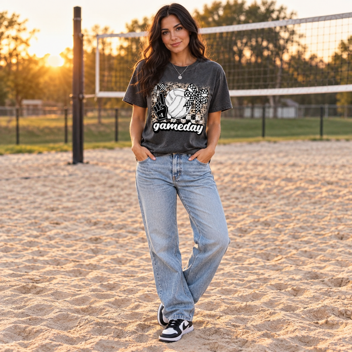 Game Day Volleyball pepper graphic tee styled at sand volleyball court