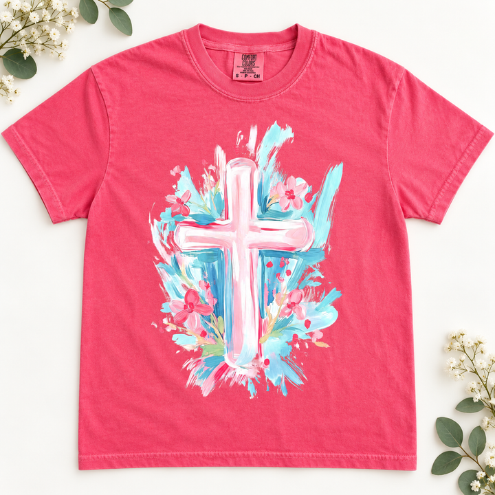 Watercolor Cross Crunchberry faith graphic T-shirt flat product view