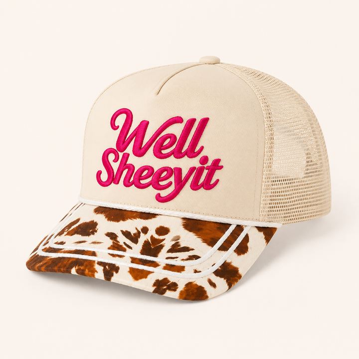 Cream Well Sheeyit rope trucker hat with hot-pink embroidery and cow-print brim, product view