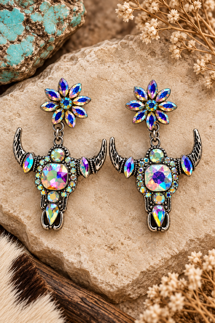 Close styled view of Western Bloom Longhorn Earrings with multicolor floral tops and rhinestone longhorn drops