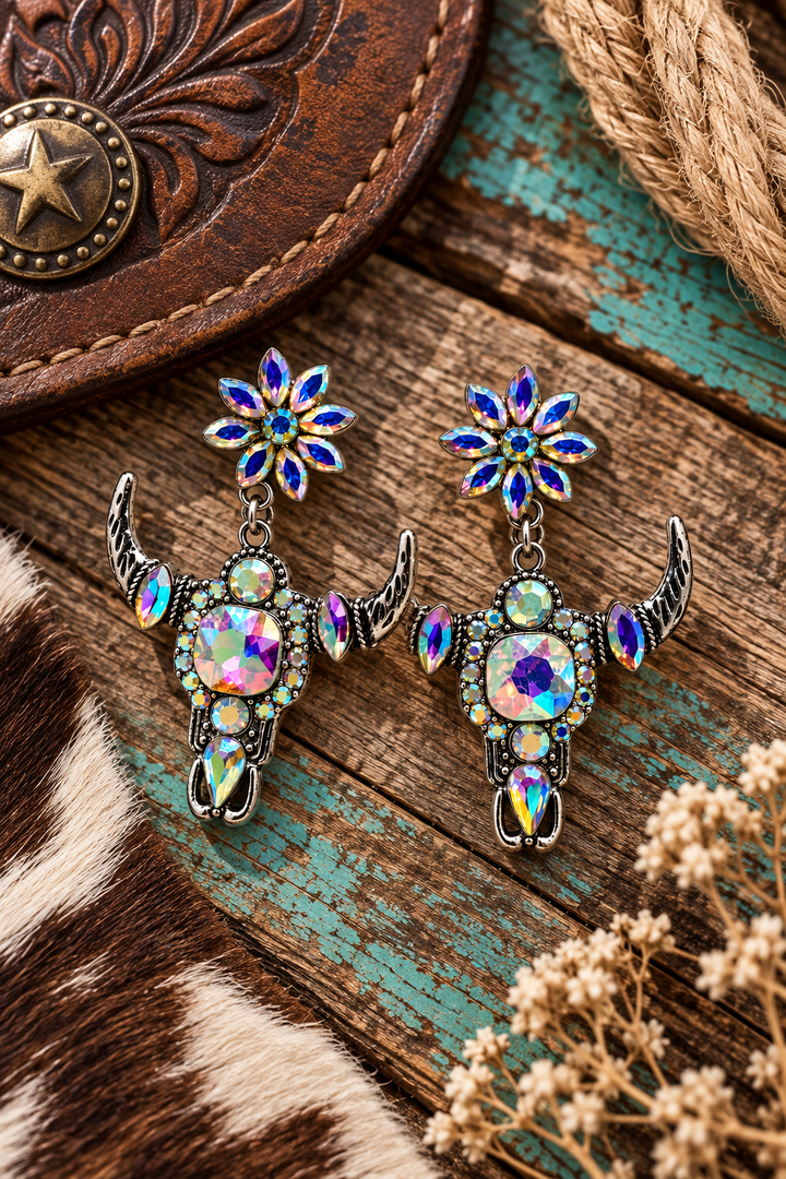 Western Bloom Longhorn Earrings styled on weathered turquoise wood with cowhide and Western leather