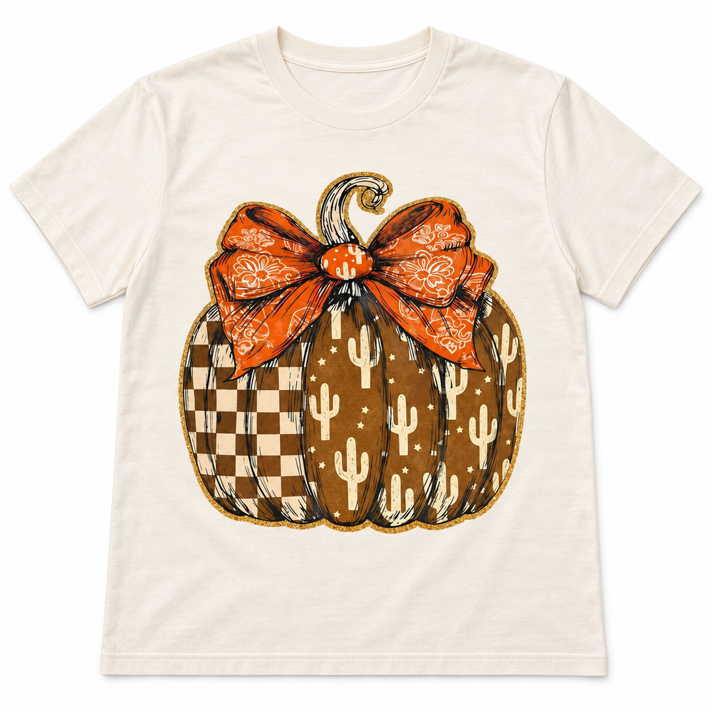 Western Cactus Pumpkin ivory graphic tee complete lay-flat on white