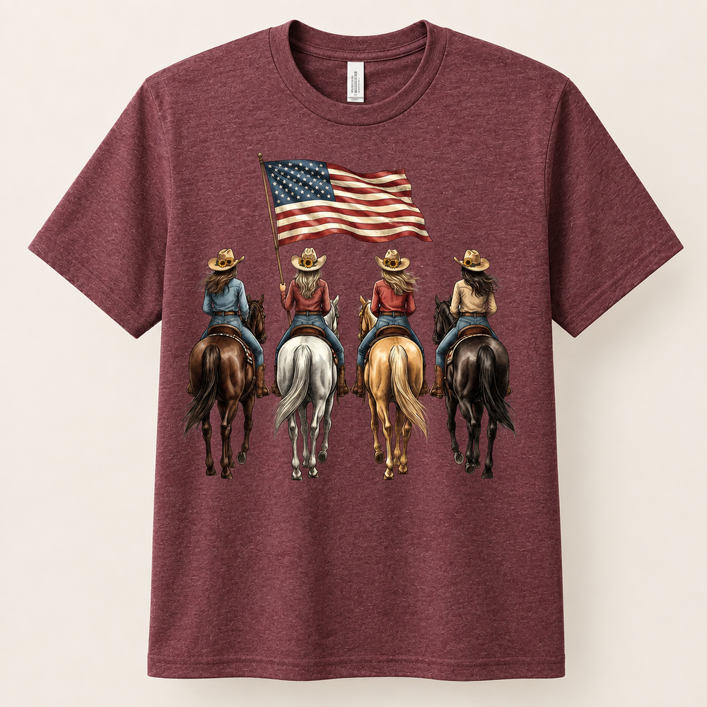 Western Cowgirls and Horses Flag heathered maroon graphic tee, front product view