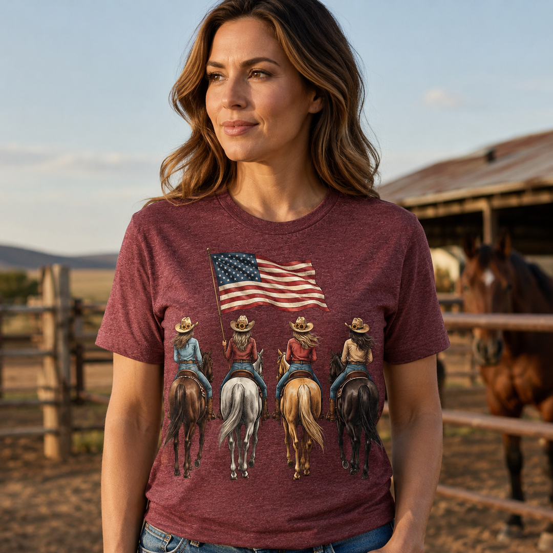 Woman wearing the Western Cowgirls and Horses Flag heathered maroon graphic tee at a Texas ranch