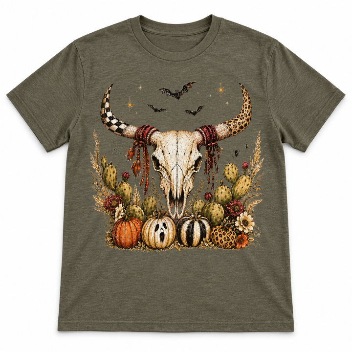 Western Fall Bull Skull graphic tee lay-flat on white