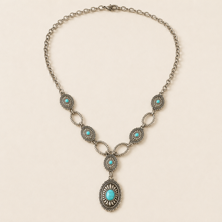 Western Flare antiqued silver-tone Southwestern concho necklace with turquoise stones, product view
