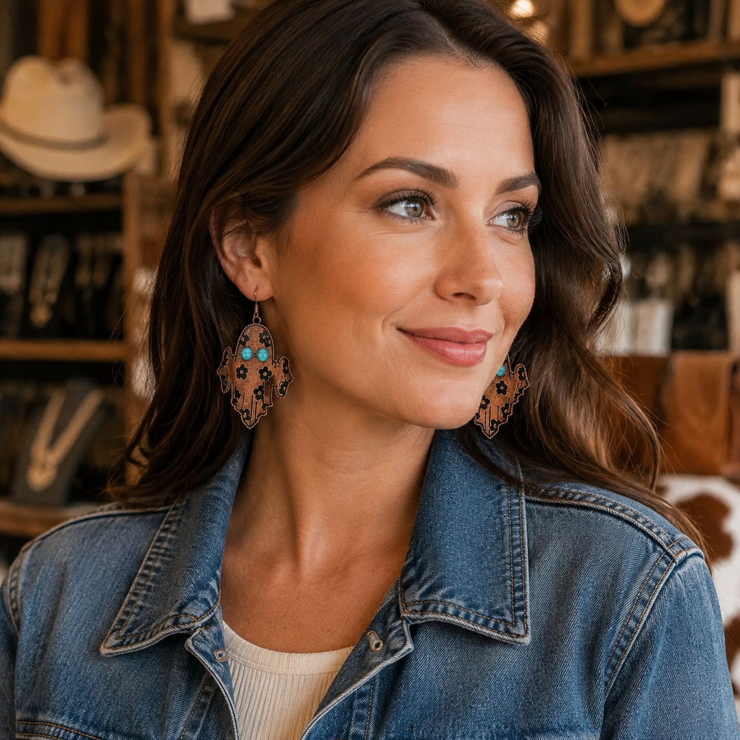 Woman wearing copper-tone Western ghost dangle earrings with turquoise-colored eyes in a Western boutique