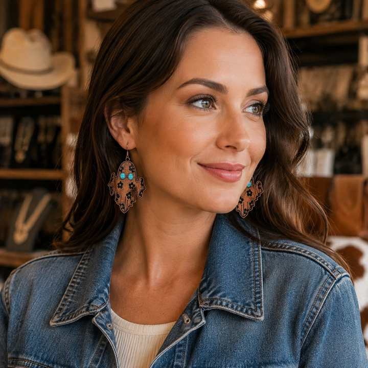 Woman wearing copper-tone Western ghost dangle earrings with turquoise-colored eyes in a Western boutique
