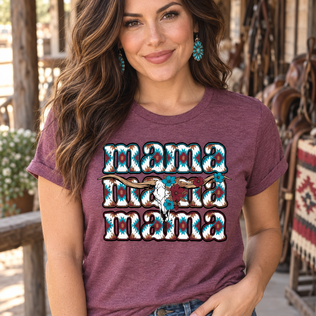 Western Longhorn Mama burgundy tee close-up model