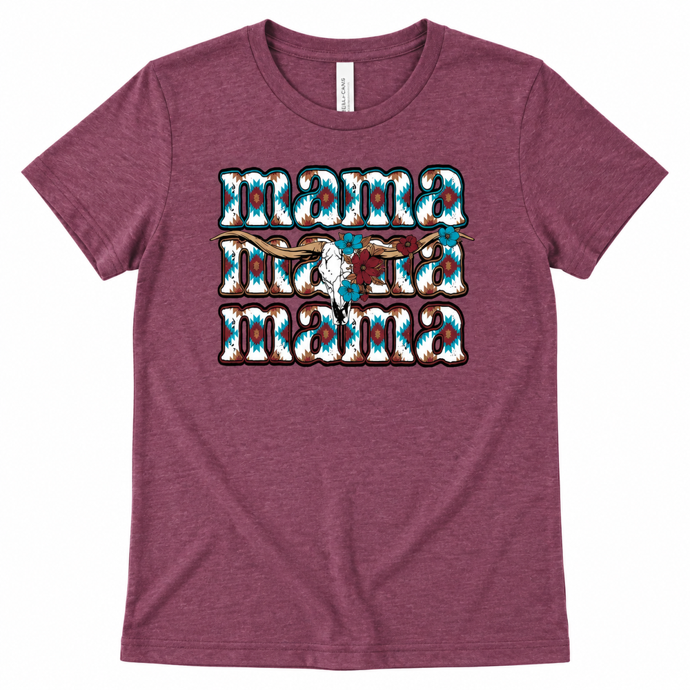 Western Longhorn Mama burgundy tee lay-flat on white