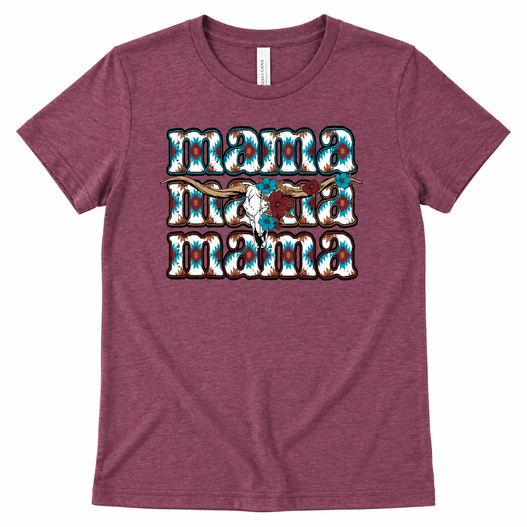 Western Longhorn Mama burgundy tee lay-flat on white