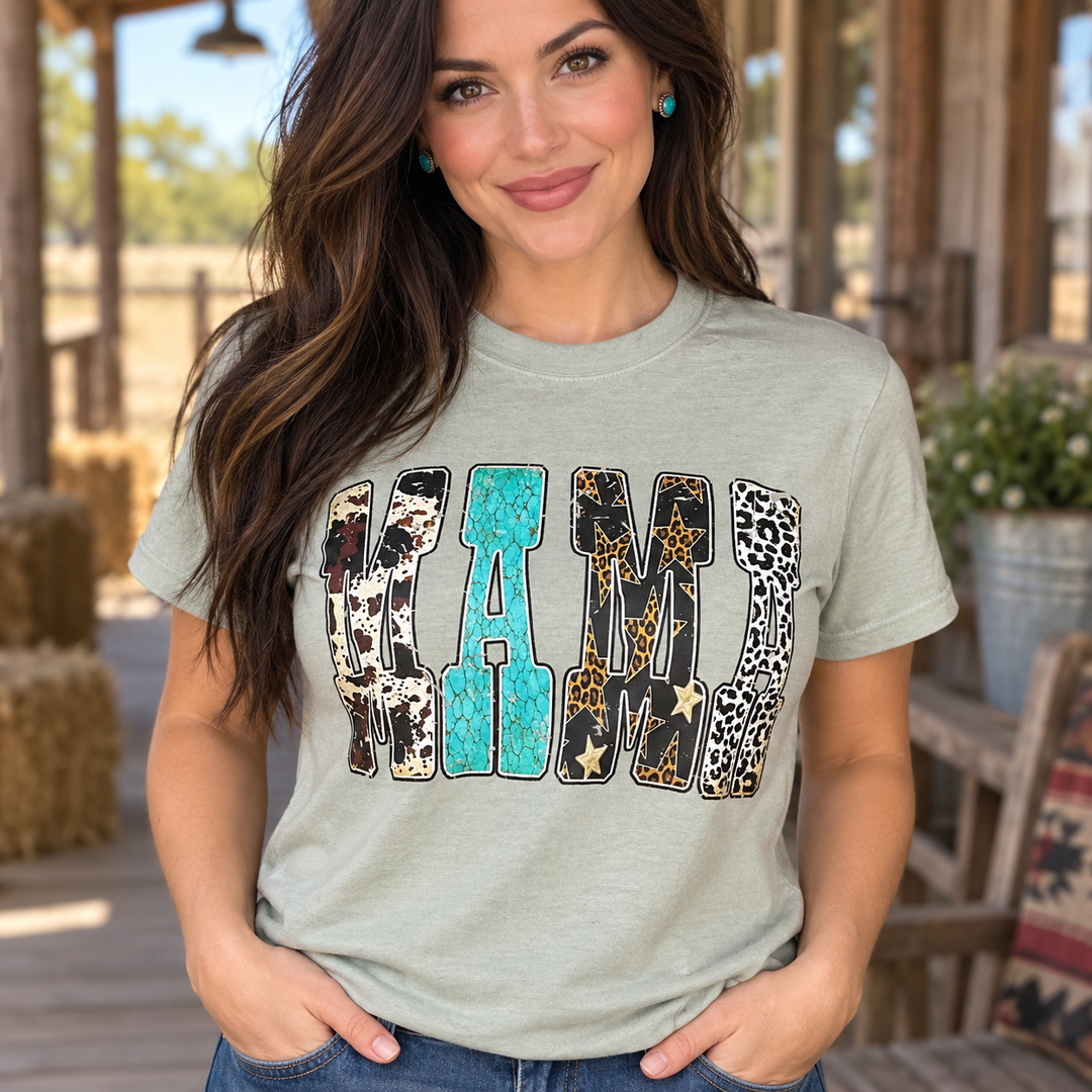 Western Mama Sandstone tee close-up model