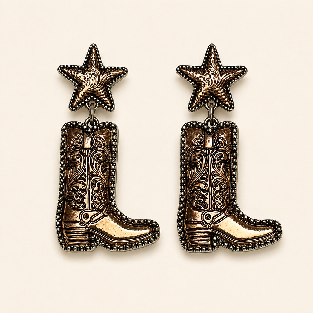 Western Nights antique-bronze star and engraved cowboy boot dangle earrings, product view