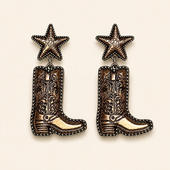 Western Nights antique-bronze star and engraved cowboy boot dangle earrings, product view