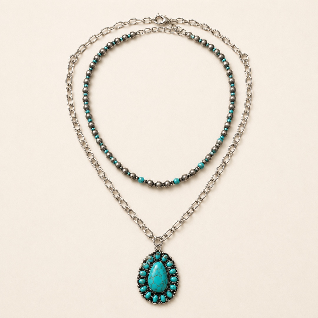 Western Skies layered silver-tone concho necklace with turquoise-colored pendant, clean product view